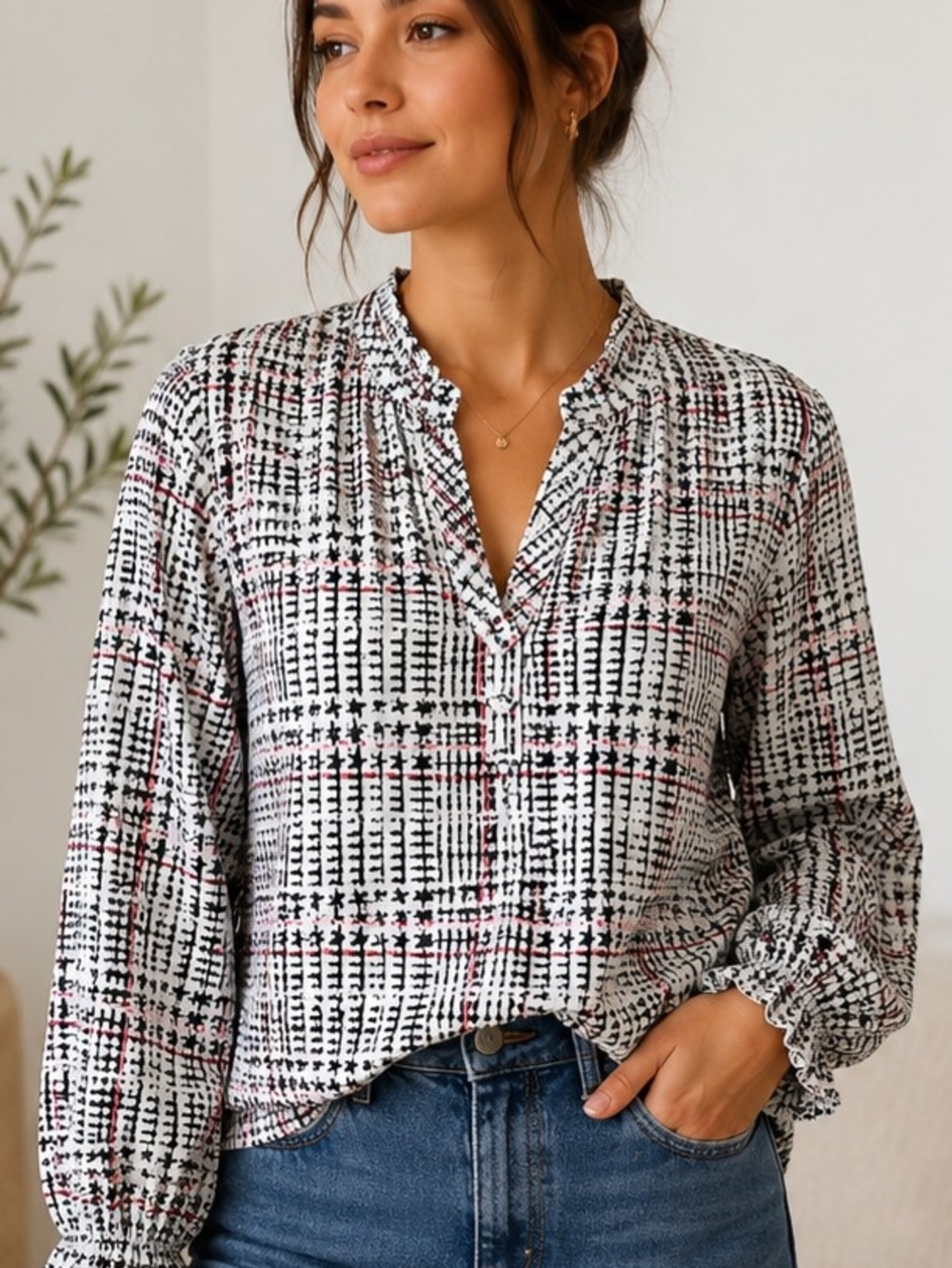 Karl Lagerfeld Paris Plaid Print Ruffle Neck Blouse XL